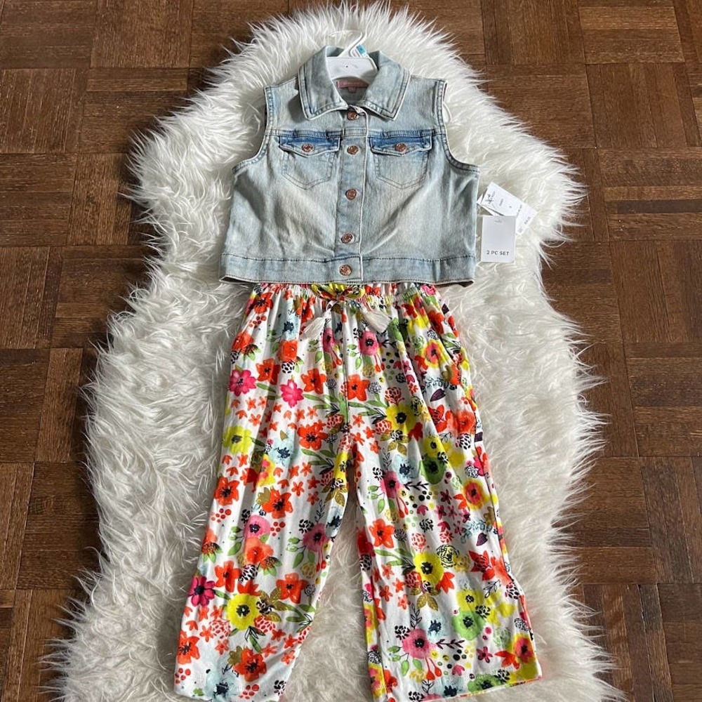 BCBG Girls 5 2 Piece Outfit Denim Vest & Floral Jumpsuit NWT